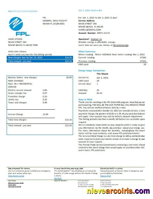 USA Florida FPL  electricity  utility bill, version 2
